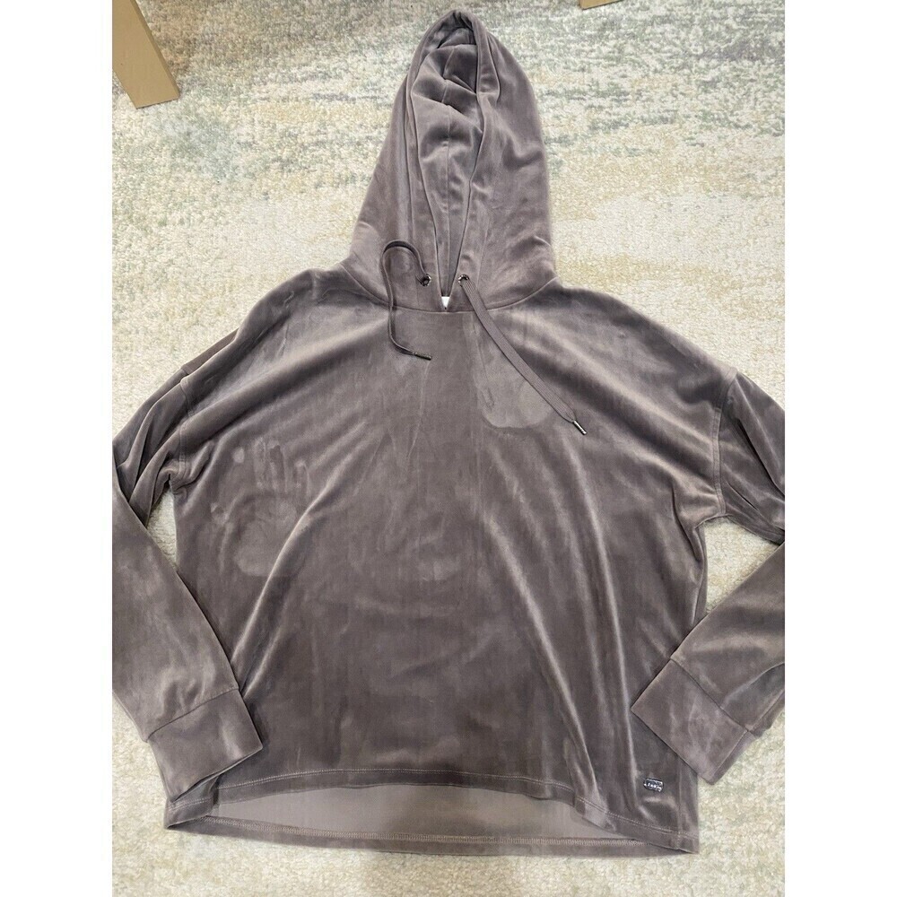 DKNY Sport Velour Cropped Sweatshirt Hooded Women Sz M Gray Pullover Ballarina